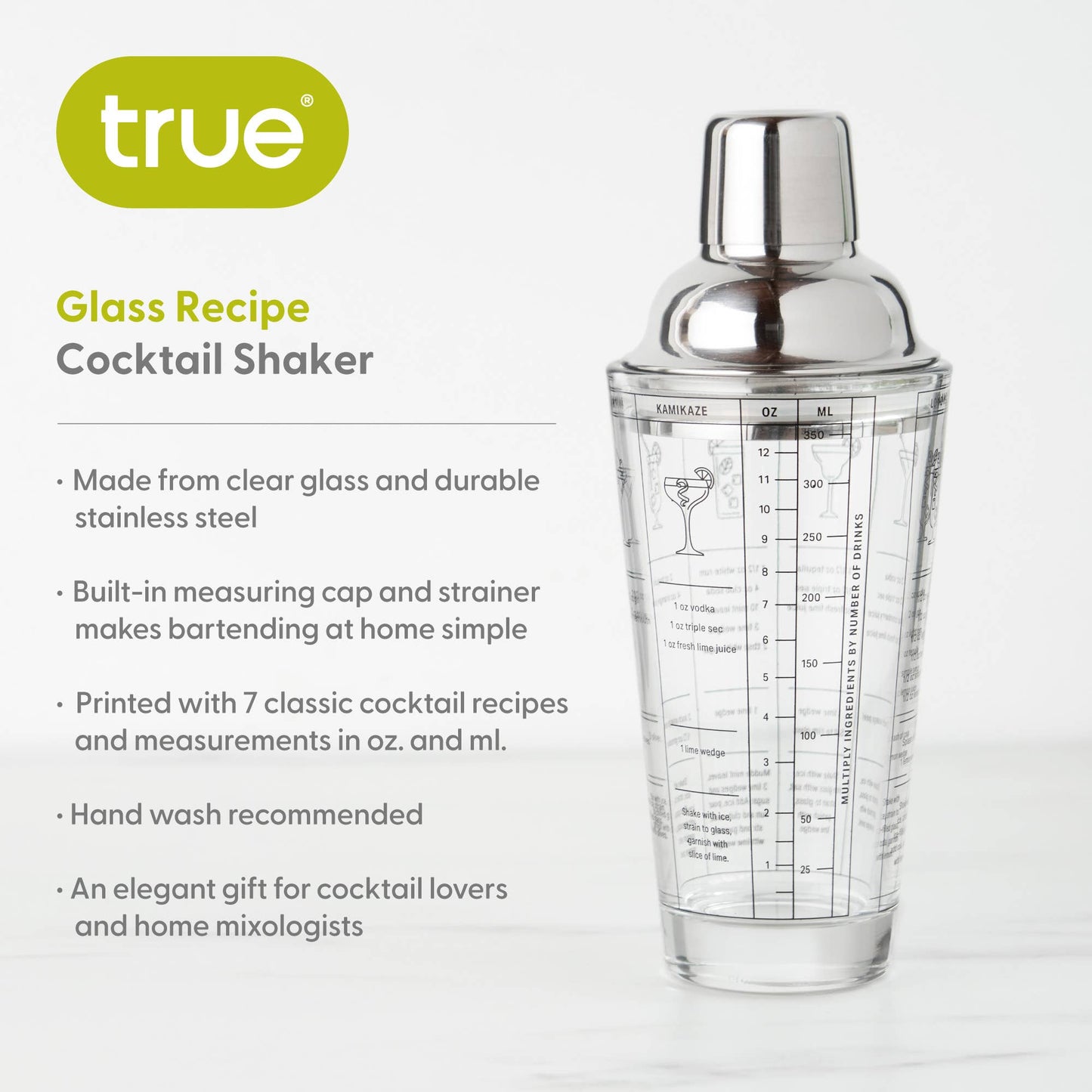 7-Cocktail Recipe Stainless Steel & Glass Shaker